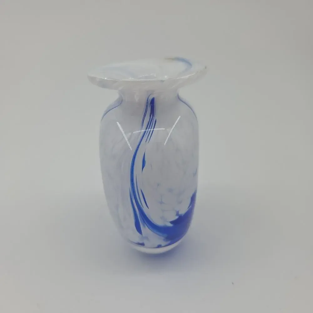 Ron Hinkle Signed Art Glass Bud Vase Blue White Swirl Hand Blown Studio Paperwei